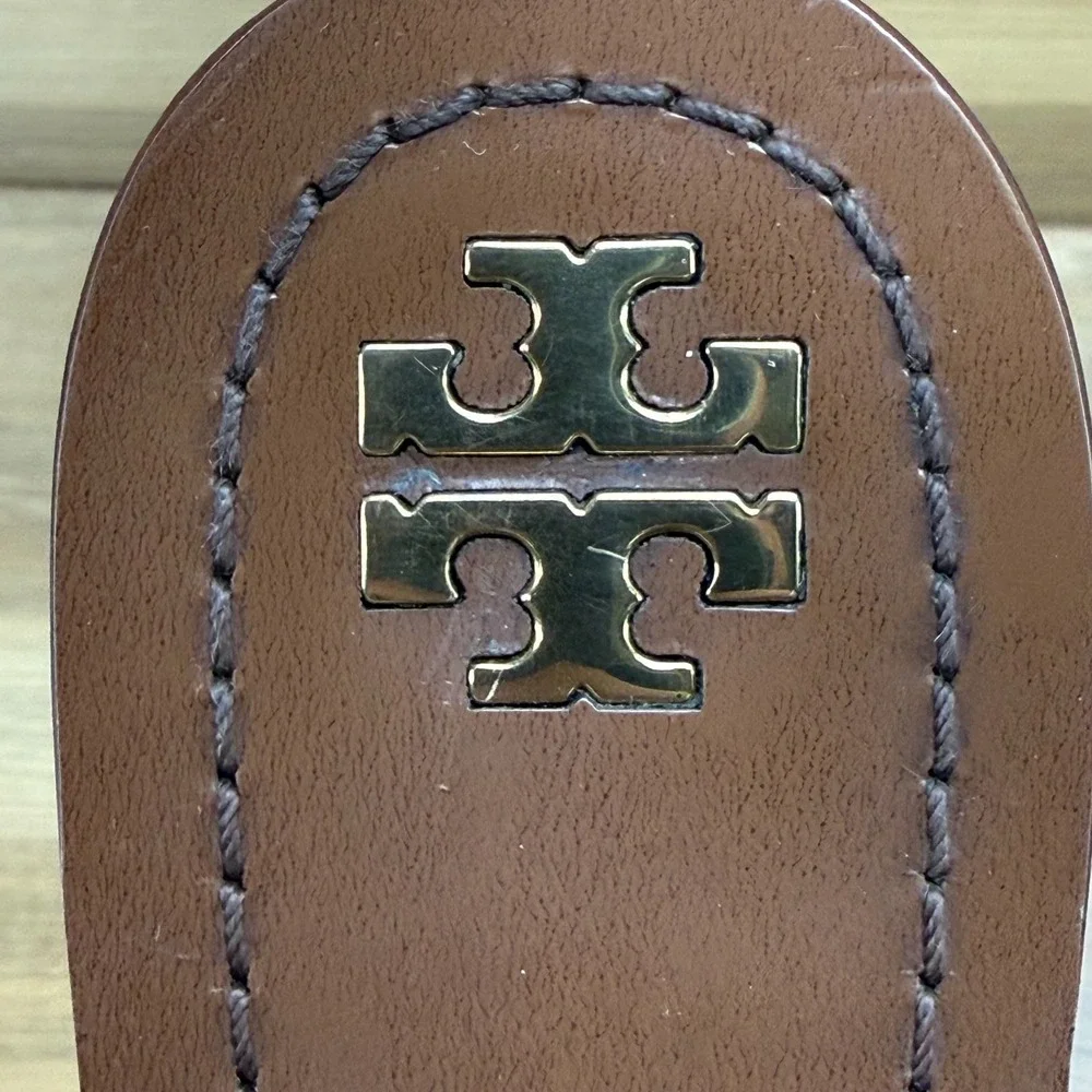 Tory Burch Patos‎ Disk Flip Flops 7 M Mou Tan Milled Calf Leather Resort Travel